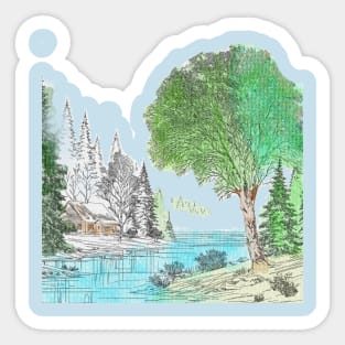 Winter Wonderland: Tranquil Lake & Snowy Tree Sticker